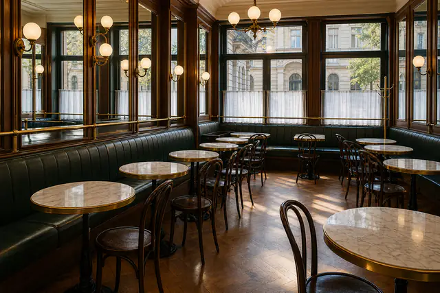 Klasszikus brasserie márvány bisztróasztalokkal, hajlított fa székekkel és zöld bőr padokkal